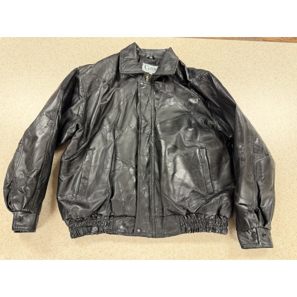 Cellini Mens L Black Genuine Leather Patchwork Bomber Jacket Vintage 90s Coat